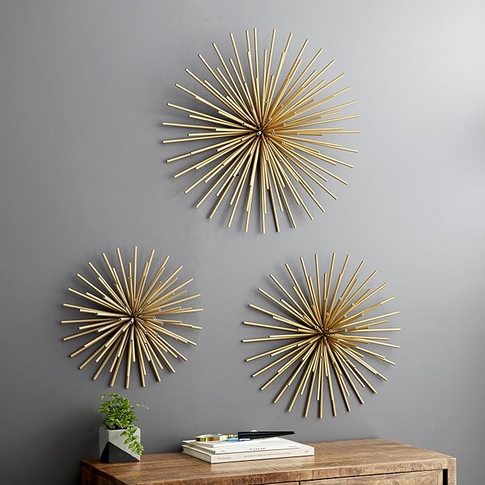 Deco 79 Metal Starburst Home Wall Decor 3D Wall Sculpture, Set of 3 Wall Art 16", 20", 24"D, Gold