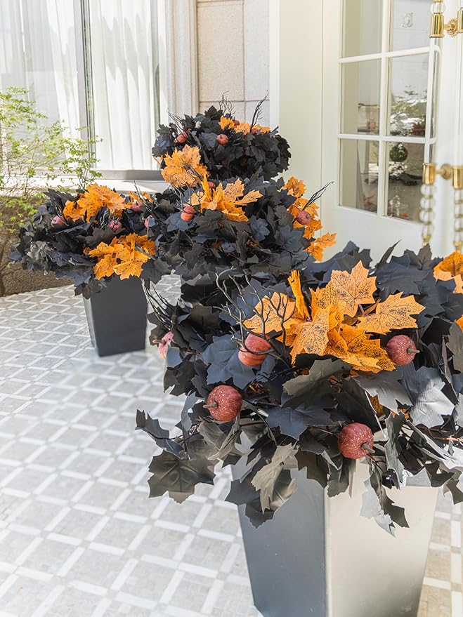 10pcs Fake Plants Outdoor, Halloween Maple Pumpkin Branch, Autumn Artificial Pumpkins Stem with Black & Orange Maple Leaves, Faux Maple Leaves Spray for Halloween Thanksgiving Home Deocr