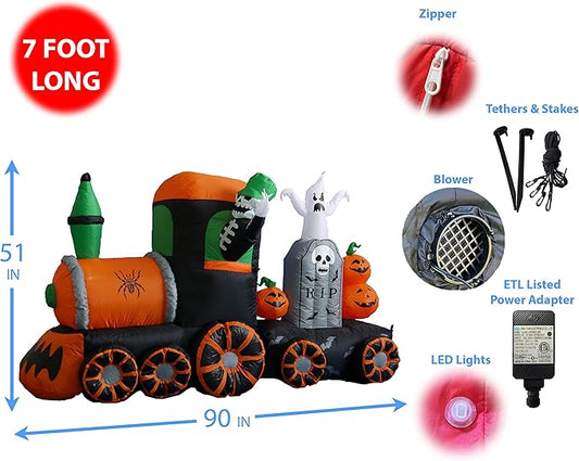 7 Foot Long Halloween Inflatable Skeleton on Train LED Lights Outdoor Indoor Holiday Decorations, Blow up Lighted Yard Decor, Giant Lawn Inflatable Home Garden Party Favor Decoration