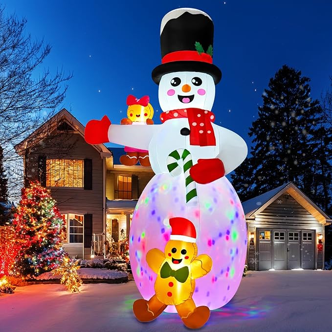 AerWo 14FT Giant Christmas Inflatable Outdoor Decoration, Christmas Blow Ups Yard Decorations Snowman with Gingerbread Man Inflatables, Christmas Inflatables with Rotating LEDs for Lawn Xmas Decor