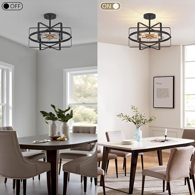5-Light Farmhouse Semi Flush Mount Ceiling Light, 12.6'' Modern Black and Gold Ceiling Light Fixture Industrial Lighting Fixture for Entryway Hallway Foyer Dining Room Kitchen Bedroom