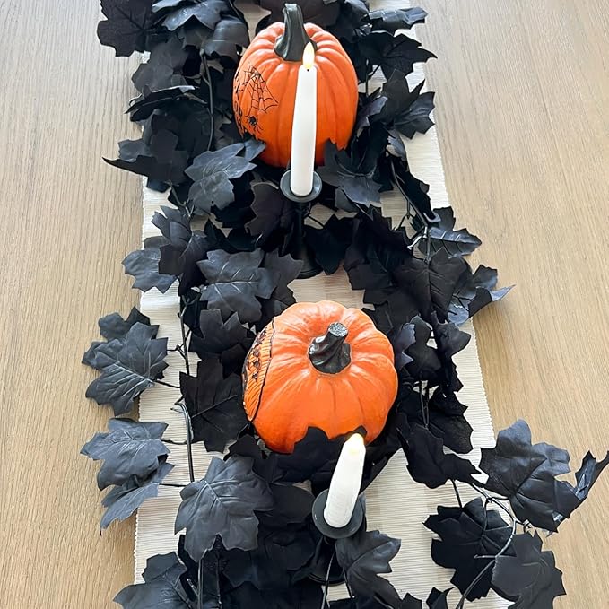 CQURE 3 Pack Black Fall Leaf Garland, Halloween Garland Hanging Vines Artificial Fall Maple Leaves Thanksgiving Decor for Home Wedding Fireplace Party