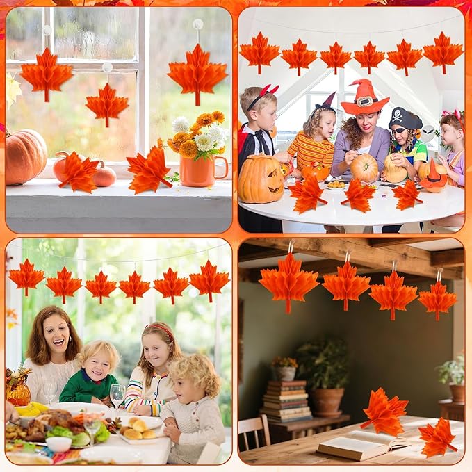 15Pcs Maple Leaf Honeycomb Decorations, Fall Thanksgiving Paper Honeycomb Hanging Ornaments for Autumn Party Favor Supplies Home Decor