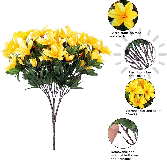 Artificial Flowers for Outdoors, 3 Bundles Fake Silk Azalea Bouquet Faux Flower Plants Outside Decoration UV Resistant Realistic Fake Flowers for Planter Front Door Patio Garden Walkways Home, Yellow