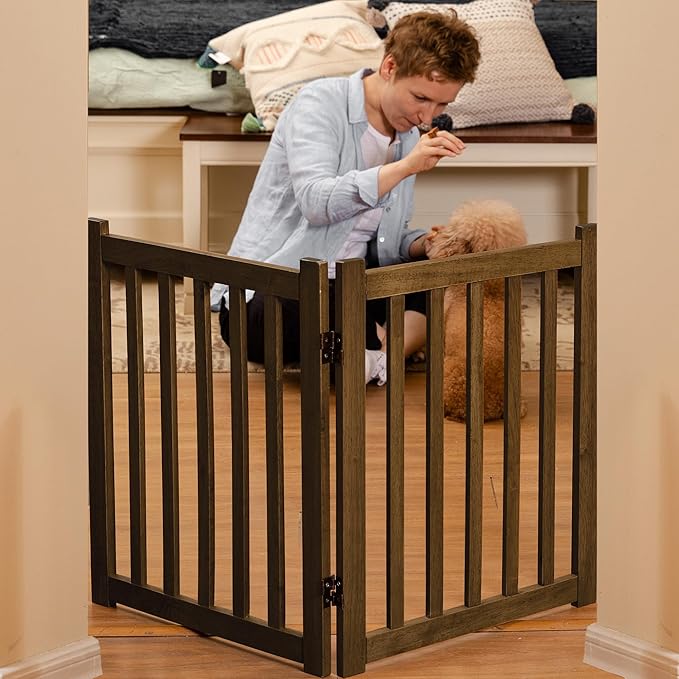 LZRS 2-Panel Wooden Free Standing Foldable Dog Gate – Solid Hardwood 24" High, Step-Over Safety Pet Gate for Doorways, Stairs & Small Spaces - Indoor Use, Walnut