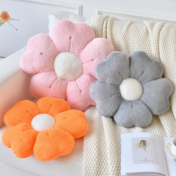 Flower Pillow, Flower Shaped Pillow Decorative Throw Pillows for Bed Couch, Cute Daisy Pillow Dorm Decor Floor Seating Cushion (Grey, 19.6 Inches)