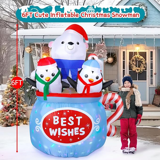 Dawdix Christmas Inflatables Decorations with Colorful Light, 6FT Inflatable Polar Bear & Penguins in Hot Cocoa Mug, Blow Up Outdoor Decorations for Xmas Holiday Yard Garden Lawn Party