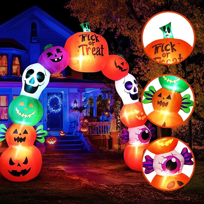 10FT Halloween Inflatables Pumpkin Skeleton Archway with Built-in LED Lights – Blow Up Yard Decoration with Candy Pumpkins for Indoor Outdoor Lawn Garden