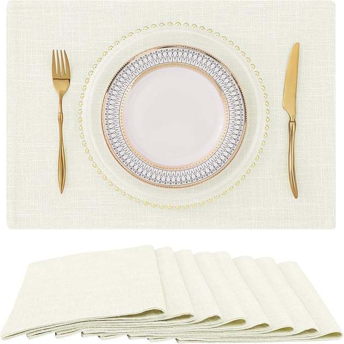 homing Cream Cloth Placemats Set of 8 – Cotton Linen Blend Washable Farmhouse Dining Table Mats for Indoors & Outdoors, Easy to Clean, 13 x 19 Inch