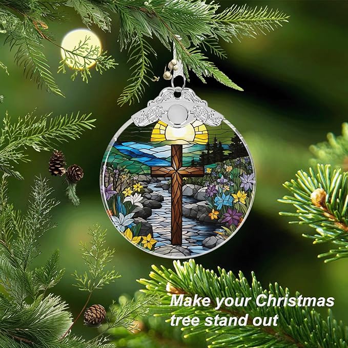 Cross Stained Glass Religious Christmas Ornament, Hanging Ornaments for Christmas Tree Decorations, Christian Gifts Holiday Keepsake Present Exchange Idea