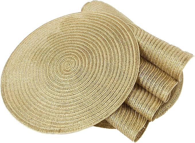 SHACOS Glitter Gold Round Braided Placemats Set of 8 Sparkle Washable 15 inch Round Table Mats Woven Place Mats for Dining Table (Gold, 8)