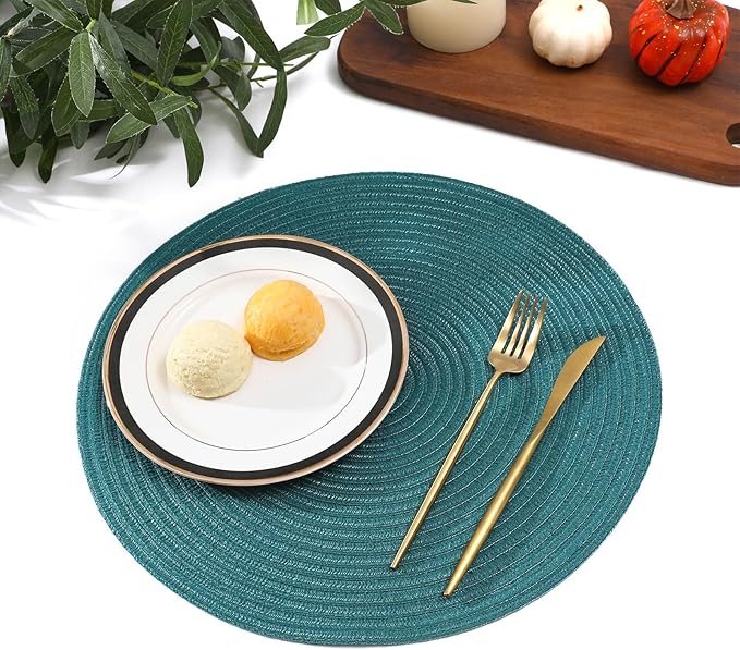 SHACOS Round Placemats Set of 6 Washable 15 inch Round Table Mats Cotton Polyester Woven Braided Place Mats for Dining Table, Teal Green