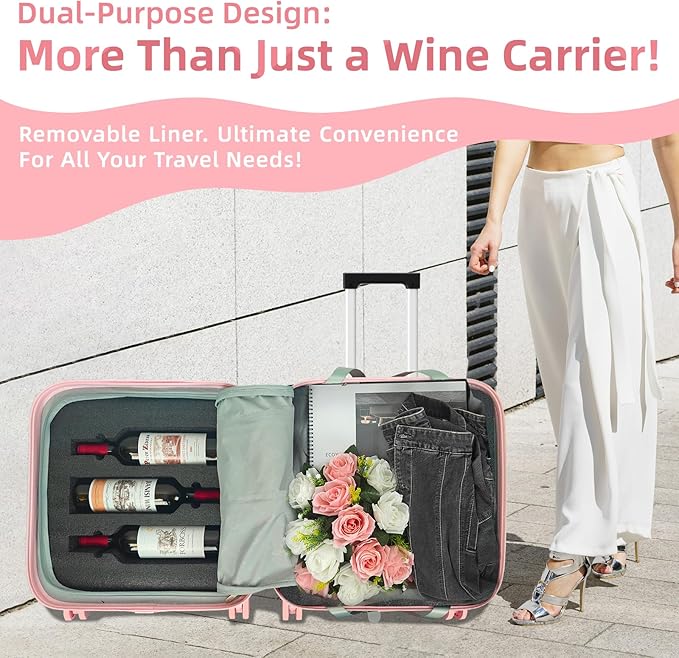 Wine Suitcase, 6 Bottle Wine Luggage, Durable Wine Travel Case, Fly With Wine Suitcase with TSA Lock, Versatile Wine Carrier with Removable Inserts and Silent Spinner WheelsïŒPinkïŒ