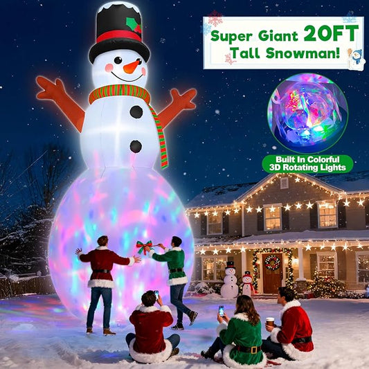 20FT Giant Christmas Inflatable Snowman with Colorful 3D Rotating Lights, Outdoor Blow Up Christmas Decorations, Huge Snowman Inflatables for Yard Lawn Holiday Xmas Party Decor