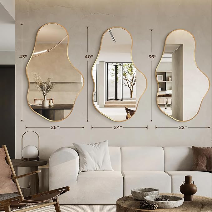 Irregular Wall Mirror - Wall Mirrors Decorative 26"x 43" Asymmetrical Abstract Mirror Aviation Aluminum Alloy Frame Unique for Bathroom, Bedroom, Living Room, Cloakroom, Entryway Gold
