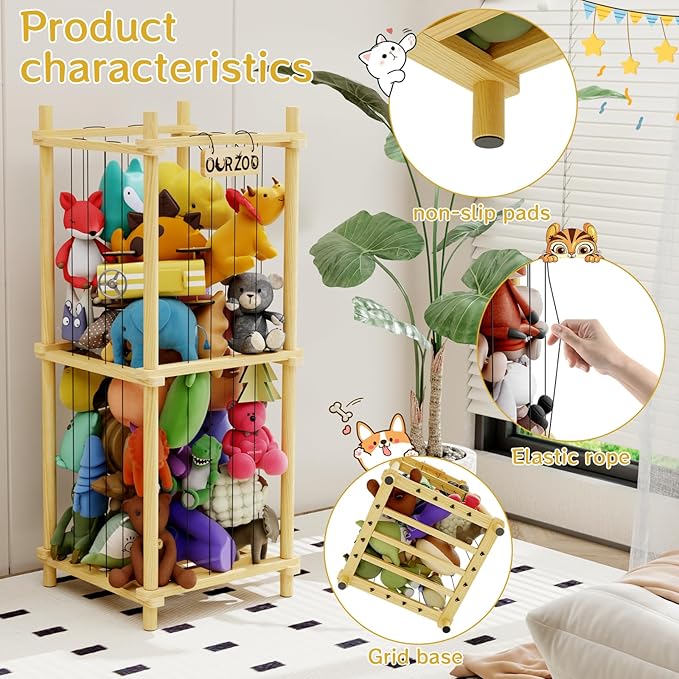 Stuffed Animal Zoo Storage Cage Wooden, 41''(3.4ft) Wood Large Stuffed Animal Storage Basket, Toy Storage for Big Stuffed Animals, Large Toy Chest for Kids Girls Boys Toy Organizer Holder