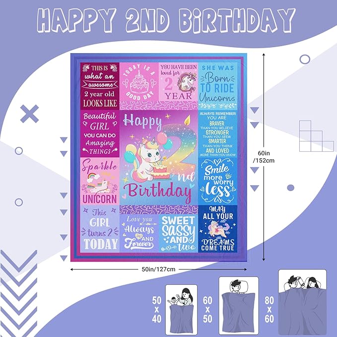 2 Year Old Girl Birthday Gift Blanket, Gifts For 2 Year Old Girls, 2 Year Old Girl Gifts, Two Year Old Girl Birthday Gifts, 2nd Birthday Decorations Girl Gifts, Two Year Old Girl Gifts 50"X40"