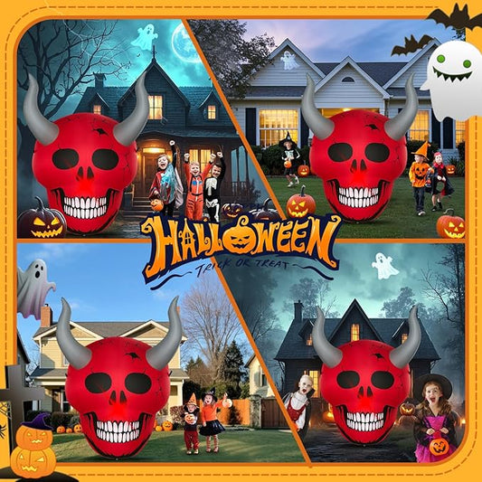 Halloween Inflatables Ghost Decorations Outdoor - 4 FT Horror Red Skull Halloween Blow up Yard Decorations Cute Ghost with LED Build-in for Garden Lawn Indoor Party Decor