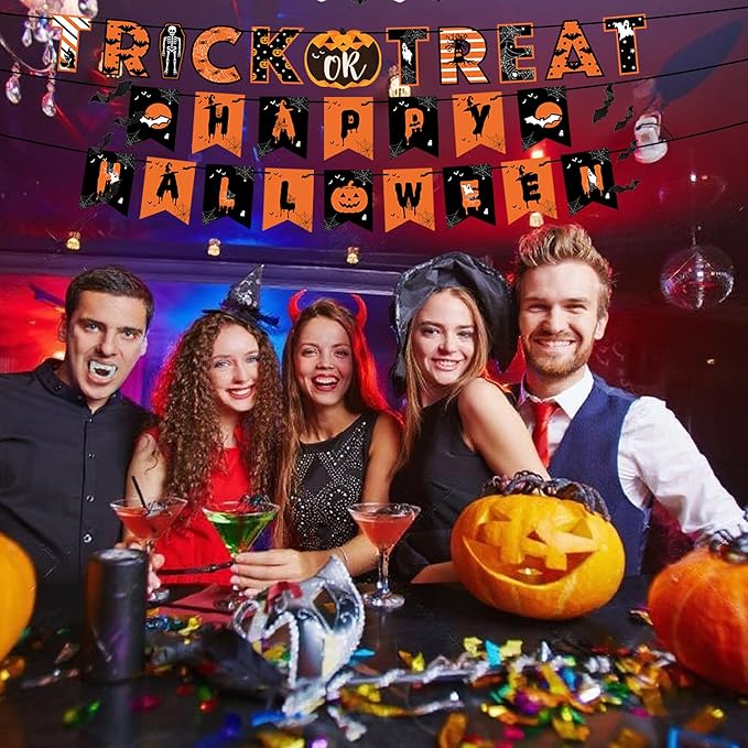 18 Pcs Halloween Party Decorations, Reusable Halloween Decor Indoor, Decorations Kit Included Happy Halloween Banner, Trick or Treat Banner, Ghost Pumpkin Ceiling Hanging Swirls Streamers