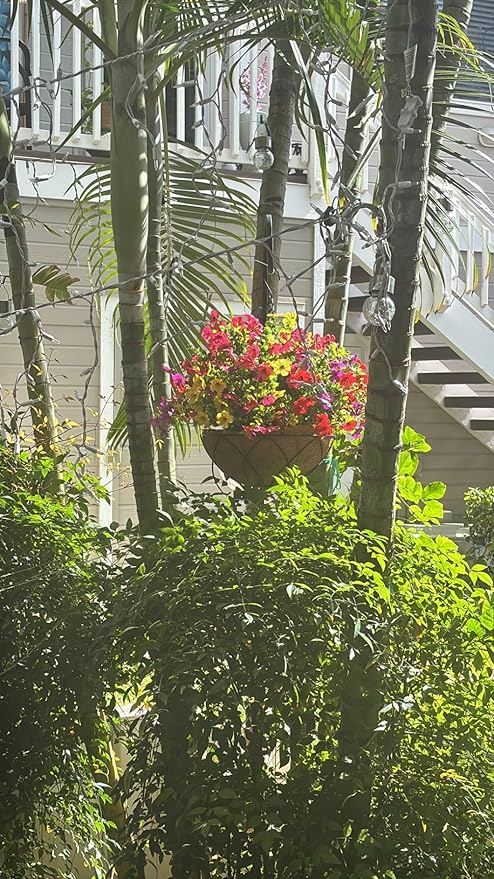Artificial Faux Hanging Plants Flowers Basket for Summer Autumn, Colorful Daisy Flowers Eucalyptus UV Resistant Look Real for Outdoor Outside Porch Decoration