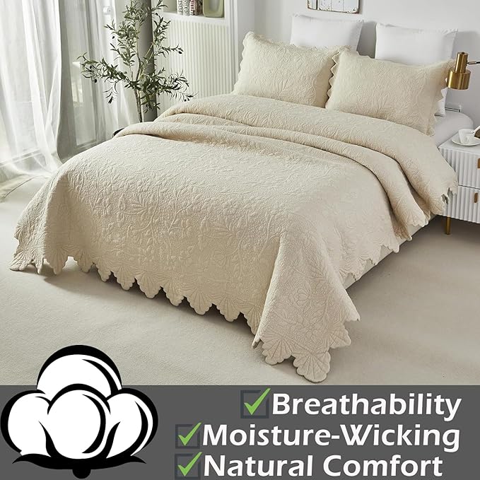 Brandream Queen Size Quilt Set Cotton Beige Quilts Luxury Farmhouse Bedding Set Matelasse Coverlet Scalloped Quilt Set 3-Piece