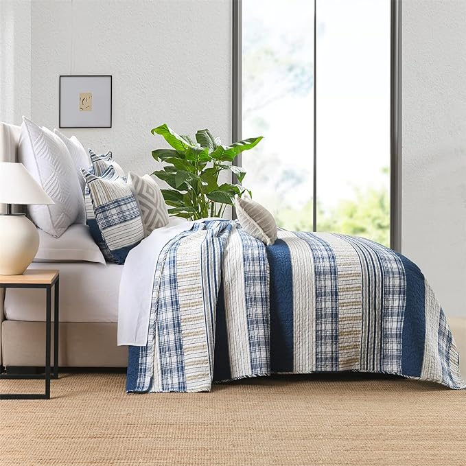 Homzard Queen Size Comforter Set - Blue White Tan Striped Queen Quilt Set,Plaid Striped Bedding Quilt, Farmhouse Bedspread Queen Size, Lightweight Bedding Quilts 3 Pieces All Season