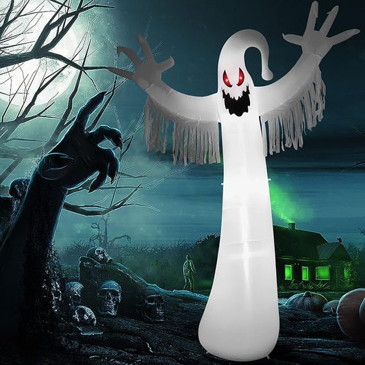 Sizonjoy 12 FT Halloween Decoration Inflatable Ghost, Blow Up Animated Red Eyes Ghost with Build-in LEDs, Outdoor Scary Inflatable Decoration for Front Yard, Porch