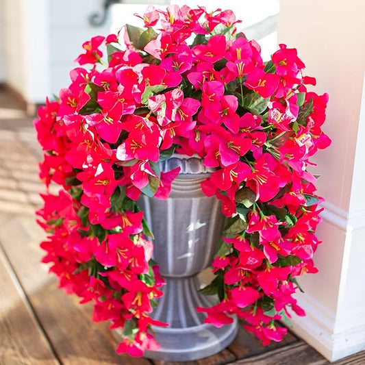 Artificial Faux Bougainvillea Flowers Plants for Outdoor Outside Summer Decoration, 2 PCS Fake Silk Long Trailing Vines UV Resistant Realistic for Front Door Porch Planter Urn Patio Balcony, Hotpink