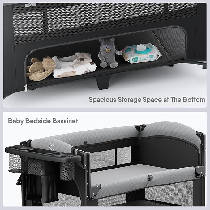 4 in 1 Baby Bassinet, Pack and Play, Bedside Crib Sleeper, Diaper Changer - Comes with Mattress, Mosquito Net,Bottom Storage and Toy Bar for Newborn to Toddles
