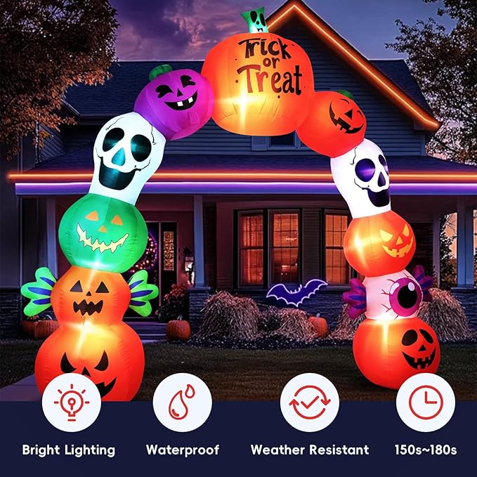 10FT Halloween Inflatables Pumpkin Skeleton Archway with Built-in LED Lights – Blow Up Yard Decoration with Candy Pumpkins for Indoor Outdoor Lawn Garden