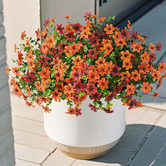 Artificial Mums Flowers Outdoors Autumn Decor, Fall Fake Silk Daisy UV Resistant, 12 Bundles Outside Faux Flower Plants for Home Garden Porch Patio Yard Balcony Window (Orange Brown)