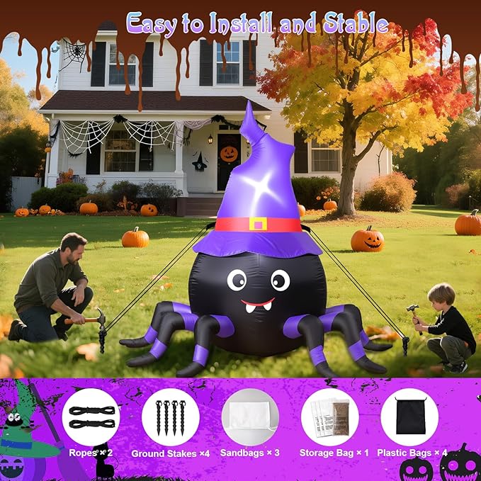 5FT Halloween Inflatable Spider with Witch Hat Outdoor Decoration, Blow Up Yard Inflatable Decorations with Built-in LED Lights for Garden/Lawn/Holiday/Home Party Decor