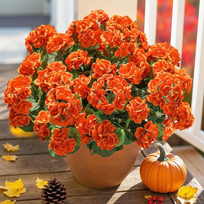 Fake Geraniums Artificial Flowers for Outdoors Fall Autumn Decoration, 6 Bundles Silk Geraniums UV Resistant Look Real Orange Faux Flowers Plants for Front Door Garden Planter Patio Balcony Yard Home