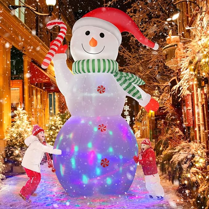 B&D 12FT Giant Christmas Inflatables Snowman Outdoor Decorations, Christmas Blow Up Snowman Inflatables Yard Decoration with Rotating Colorful LED Lights for Holiday Party Garden Yard Outdoor Décor