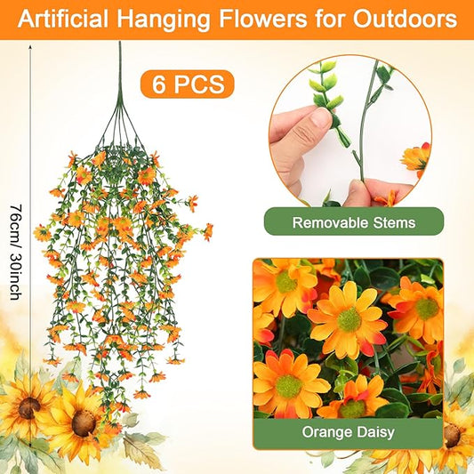 6 Pcs Artificial Fall Hanging Flowers Outdoor Silk Mum Plants Autumn Decor Faux Violet with Eucalyptus Realistic UV Resistant Trailing Vine Thanksgiving Porch Yard(Orange,Chamomile)