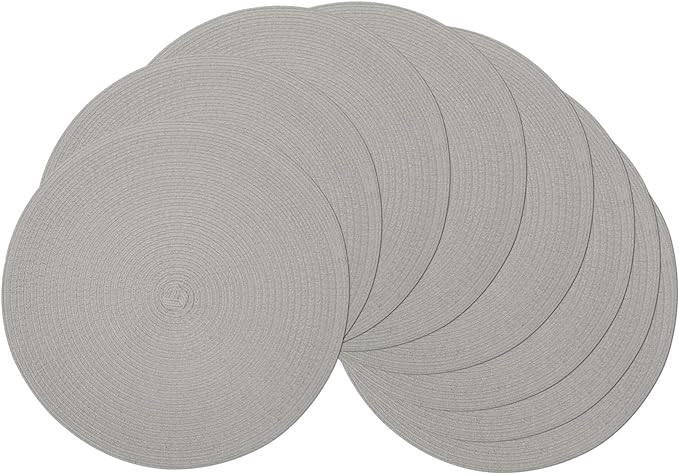SHACOS Round Braided Placemats Set of 8 Washable Fabric Heat Resistant 15 inch Grey Round Table Mats for Dining Tables (Gray, 8)