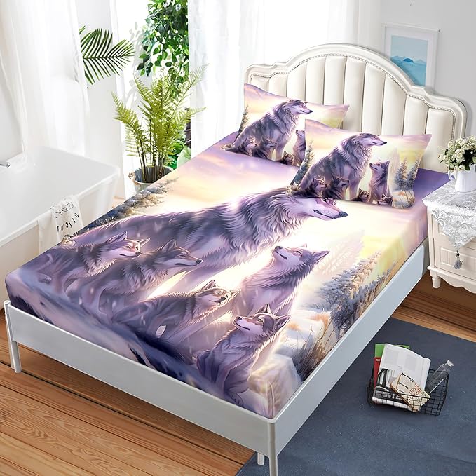 AILONEN Wolf Fitted Sheet Set Queen Snow Wolf Bed Sheet Set, Wolfmother and Wolf Pups Theme Bedding Set 3 Pieces Wildlife Wolf Sheet Set for Boys Girls,1 Fitted Sheet with 2 Pillowcases