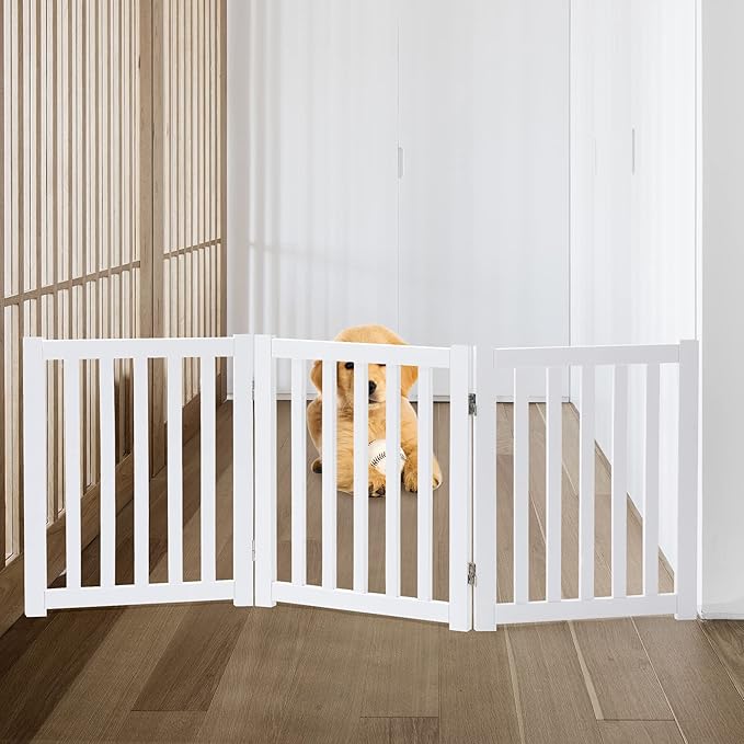 LZRS 3-Panel Wooden Free Standing Foldable Dog Gate – 24" High,Step-Over Safety Pet Gate for Doorways, Stairs, Hallways, Indoor Dog Barrier for Small to Medium Dogs & Puppies, White