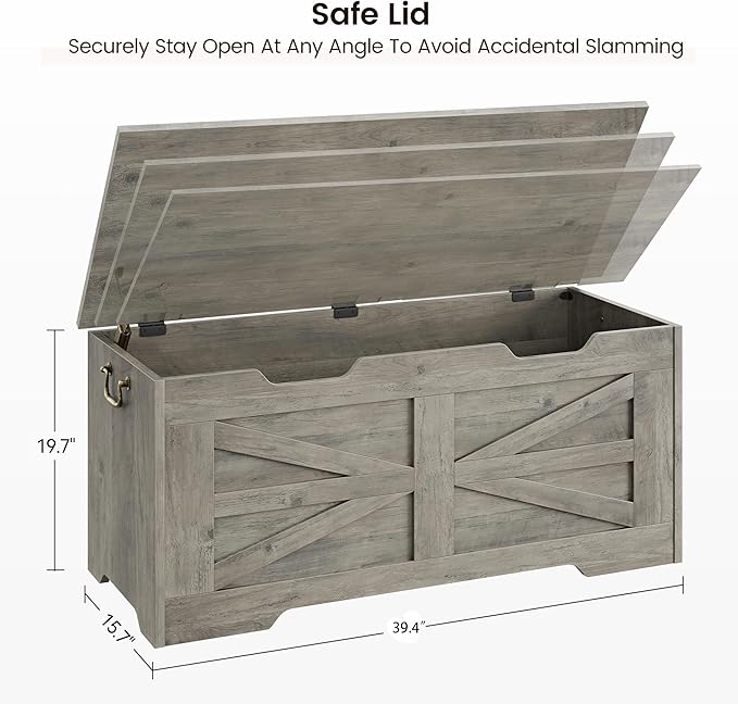 IDEALHOUSE Storage Chest, 39.4" Toy Chest for Boys Girls, Kids Wood Large Toy Box, Storage Bench with Safety Hinge, Farmhouse Storage Trunk for Entryway, Living Room, Bedroom, Playroom, Greige