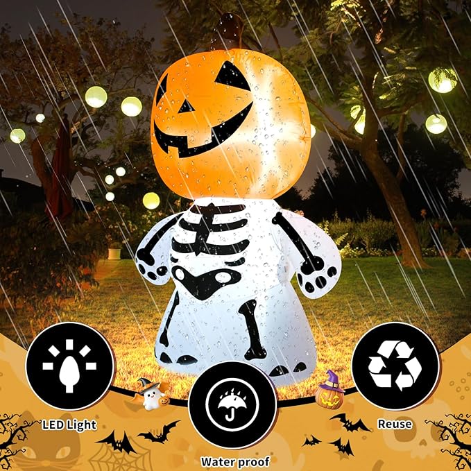 TRMESIA 4FT Halloween Inflatable Decoration,Outdoor Yard Blow up Decorations with Lights,Pumpkin Skeletons Inflatables Halloween Decor 24HLW-03-02