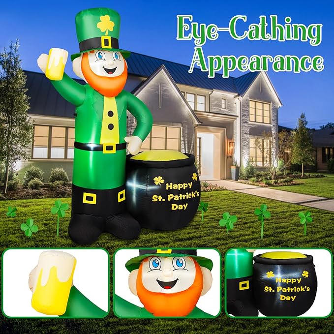 6FT St Patricks Day Inflatables Outdoor Decorations, Leprechaun Inflatable Holds Beer Cup with Pot of Gold Built-in LED Lights, St Patricks Day Decorations for Party Holiday Yard Garden Decor