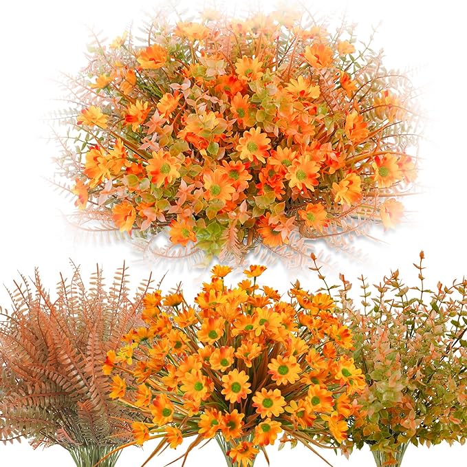 24 Pcs Artificial Fall Flowers for Outdoors Fake Fall Flowers UV Resistant Faux Fall Mums Plants Autumn Decor for Outside Home Planter Front Porch Garden
