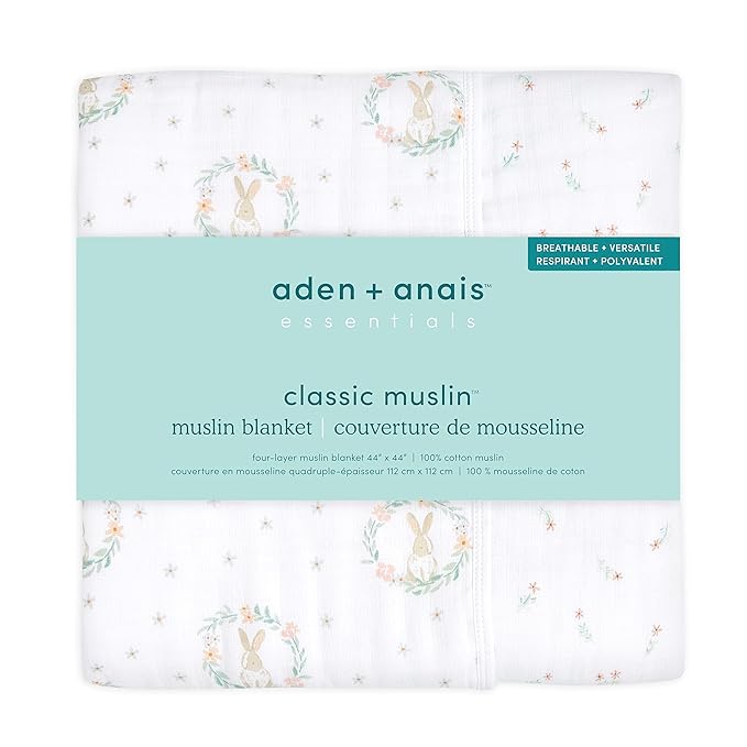 aden + anais Essentials Dream Blanket, Muslin Baby Blankets for Girls & Boys, Ideal Lightweight Newborn Nursery & Crib Blanket, Blushing Bunnies