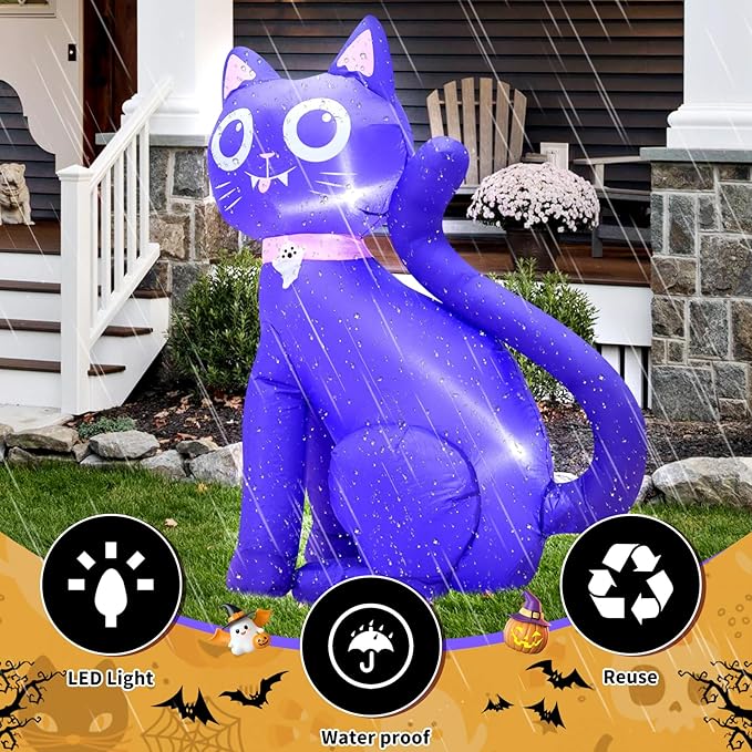 3.5FT Inflatable Decor Purple Cat Halloween Decoration with LED Lights Indoor Outdoor Halloween Horror Blow Up Decor Party Holiday Decoration