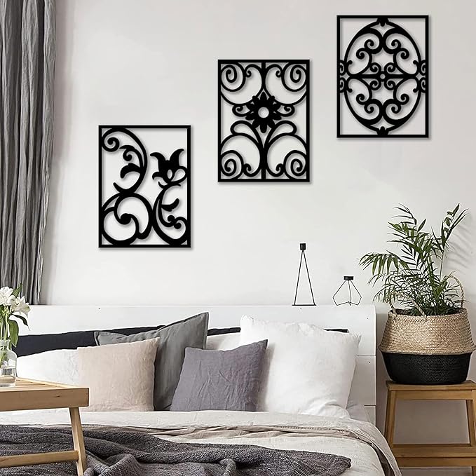 CHATYOUNG Metal Boho Wall Art - 3 Piece Modern Minimalist Wall Sculptures Geometric Black and White Artwork for Living Room Bedroom Kitchen Home Office Decor 36x16 IN