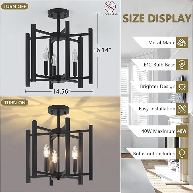 14.6'' Black Farmhouse Semi Flush Mount Ceiling Light Fixture, 3-Light Modern Ceiling Light Fixtures Industrial Flush Mount Ceiling Lighting Fixture for Dining Room Kitchen Hallway Bedroom
