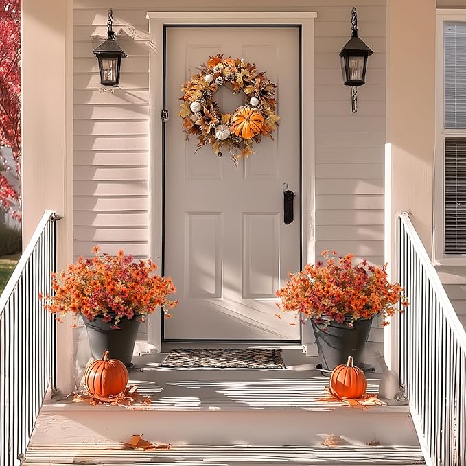 Artificial Mums Fake Fall Flowers for Outdoors Decoration, 12 Bundles Realistic Autumn Silk Daisy Faux Plants UV Resistant Decor for Home Garden Porch Patio Yard Balcony Window (Orange Brown)