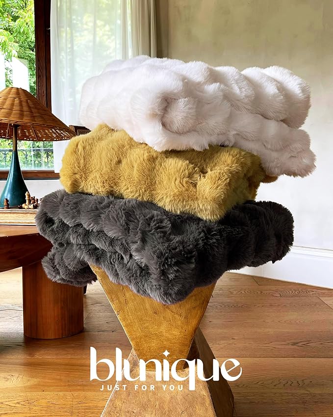 Ultra Soft Cozy Faux Fur Throw Blanket, Fuzzy Plush Thick Bubble Blanket, Oversize Luxury Fluffy Blanket for Couch, Bed, and Living Room, 60x80 Inches, Dark Yellow