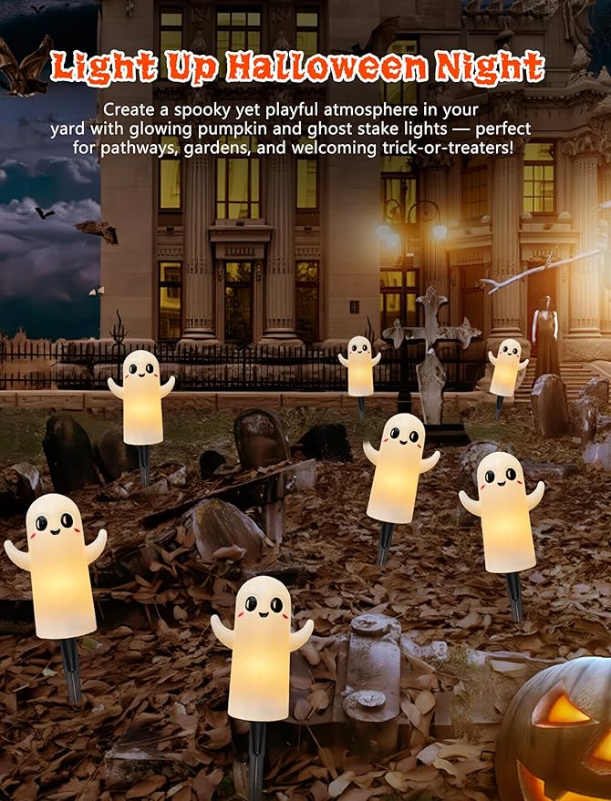 Halloween Ghosts Pathway Lights,4 Pack Ghosts Stake Lights with C7 Clear Bulbs,7Ft Extendable Waterproof Walkway Lights Halloween Decor for Yard Porch Lawn Pathway Garden