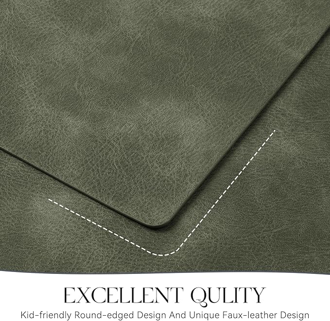 MOSAYT Vinyl Placemats Set of 4-12 X 17 Inch - Faux Leather 100% Waterproof Oil-Proof Wipeable PU Place Mats, Heat Resistant Reversible Table Mats for Kitchen, Dining, Outdoor (Olive Green)
